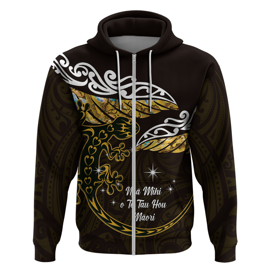New Zealand Matariki Zip Hoodie Maori New Year Silver Fern And Lizard - Gold LT14 Zip Hoodie Gold - Polynesian Pride