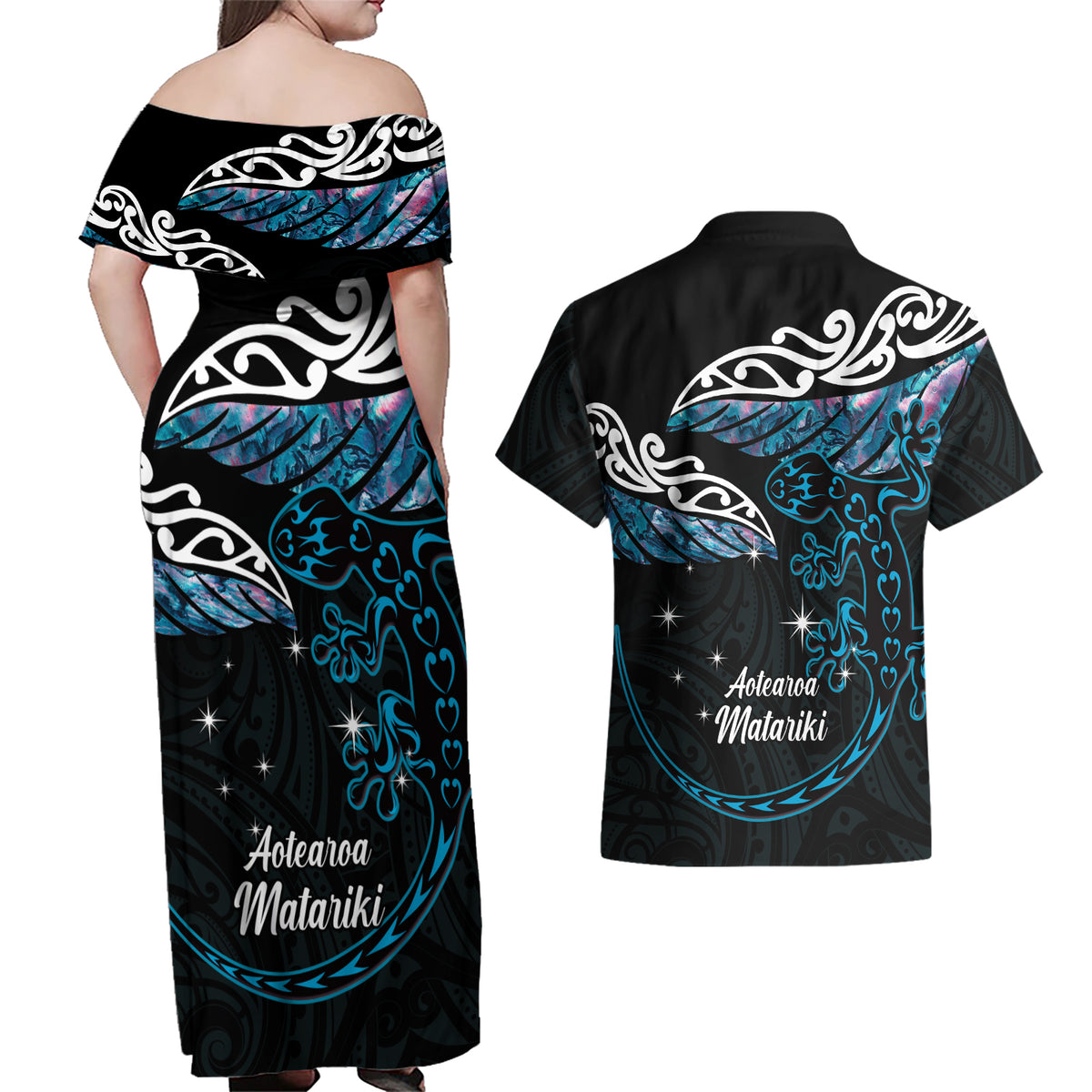 New Zealand Matariki Couples Matching Off Shoulder Maxi Dress and Hawaiian Shirt Maori New Year Silver Fern And Lizard - Turquosie LT14 - Polynesian Pride