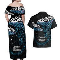 New Zealand Matariki Couples Matching Off Shoulder Maxi Dress and Hawaiian Shirt Maori New Year Silver Fern And Lizard - Turquosie LT14 - Polynesian Pride