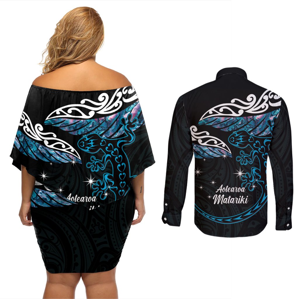 New Zealand Matariki Couples Matching Off Shoulder Short Dress and Long Sleeve Button Shirt Maori New Year Silver Fern And Lizard - Turquosie LT14 - Polynesian Pride
