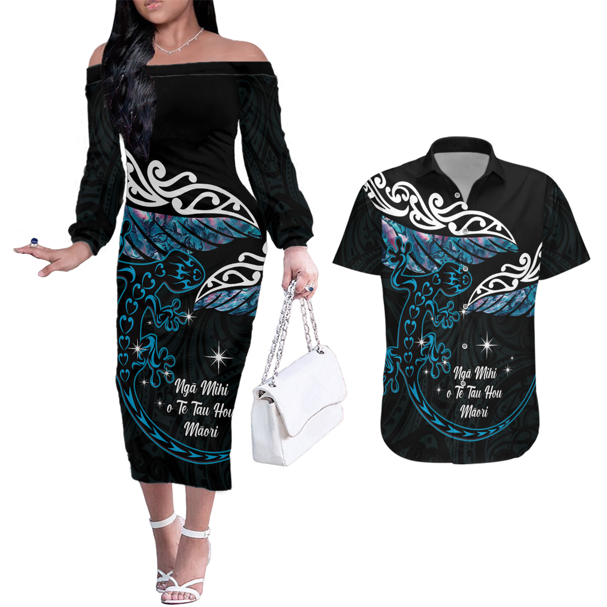 New Zealand Matariki Couples Matching Off The Shoulder Long Sleeve Dress and Hawaiian Shirt Maori New Year Silver Fern And Lizard - Turquosie LT14 Turquoise - Polynesian Pride