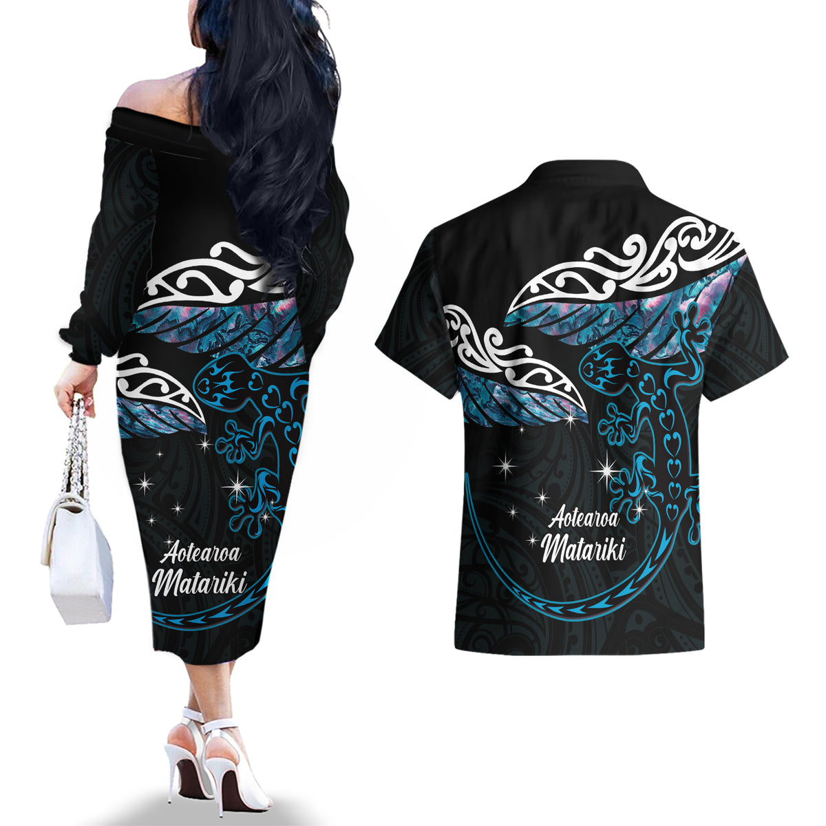 New Zealand Matariki Couples Matching Off The Shoulder Long Sleeve Dress and Hawaiian Shirt Maori New Year Silver Fern And Lizard - Turquosie LT14 - Polynesian Pride