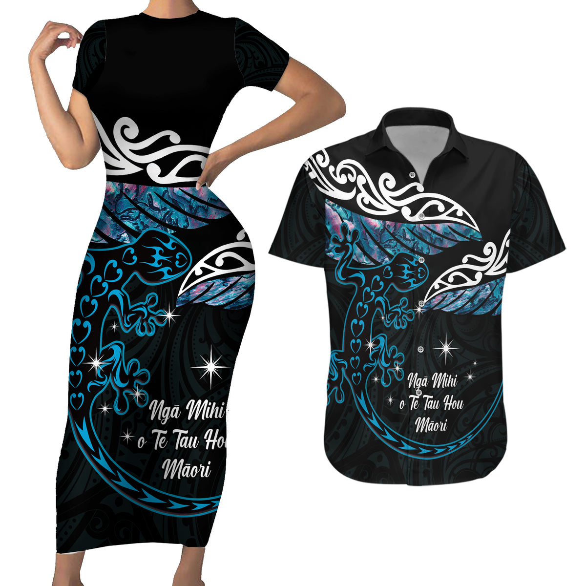 New Zealand Matariki Couples Matching Short Sleeve Bodycon Dress and Hawaiian Shirt Maori New Year Silver Fern And Lizard - Turquosie LT14 Turquoise - Polynesian Pride