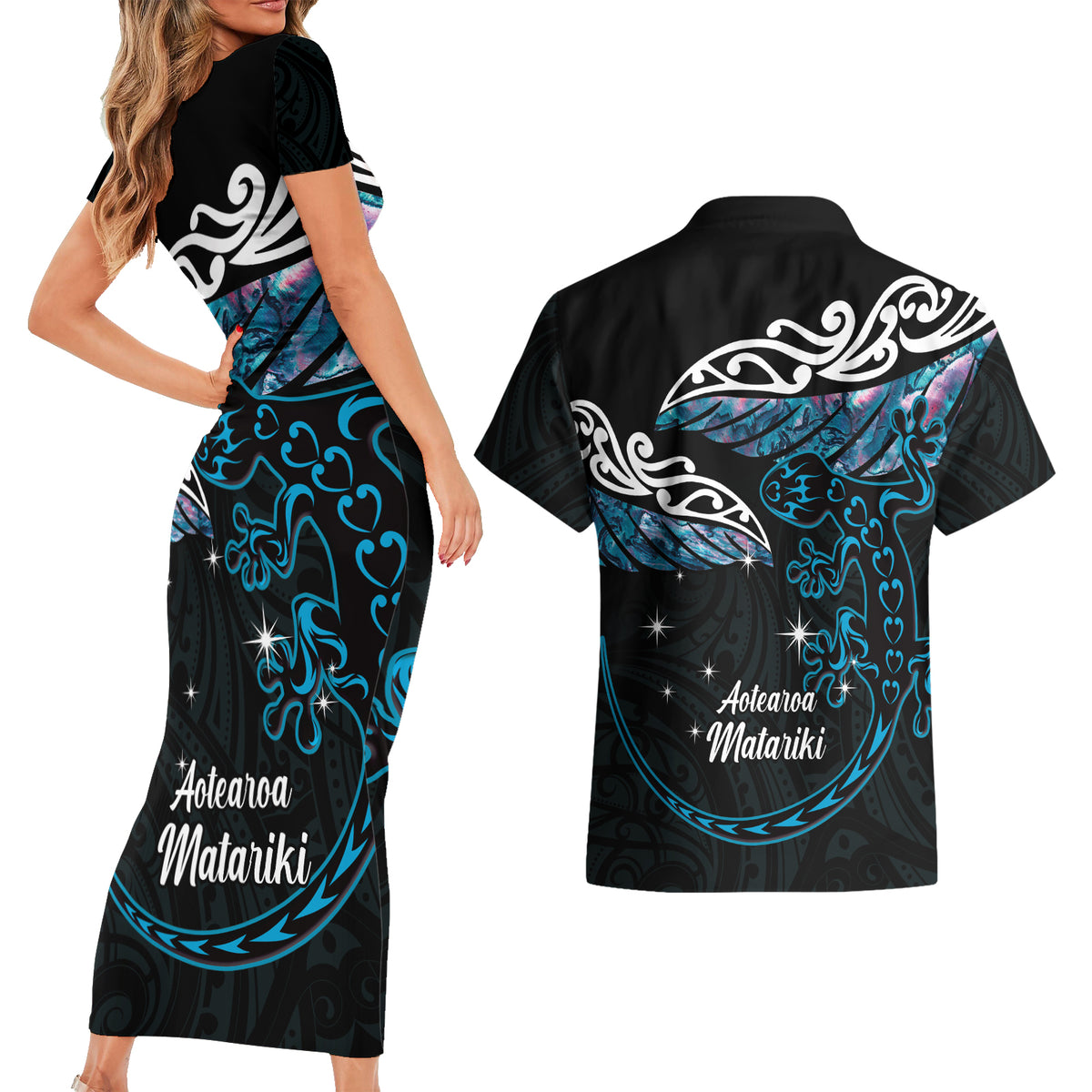 New Zealand Matariki Couples Matching Short Sleeve Bodycon Dress and Hawaiian Shirt Maori New Year Silver Fern And Lizard - Turquosie LT14 - Polynesian Pride