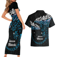 New Zealand Matariki Couples Matching Short Sleeve Bodycon Dress and Hawaiian Shirt Maori New Year Silver Fern And Lizard - Turquosie LT14 - Polynesian Pride