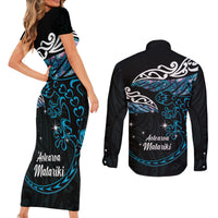 New Zealand Matariki Couples Matching Short Sleeve Bodycon Dress and Long Sleeve Button Shirt Maori New Year Silver Fern And Lizard - Turquosie LT14 - Polynesian Pride