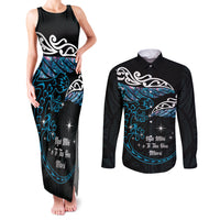 New Zealand Matariki Couples Matching Tank Maxi Dress and Long Sleeve Button Shirt Maori New Year Silver Fern And Lizard - Turquosie LT14 Turquoise - Polynesian Pride
