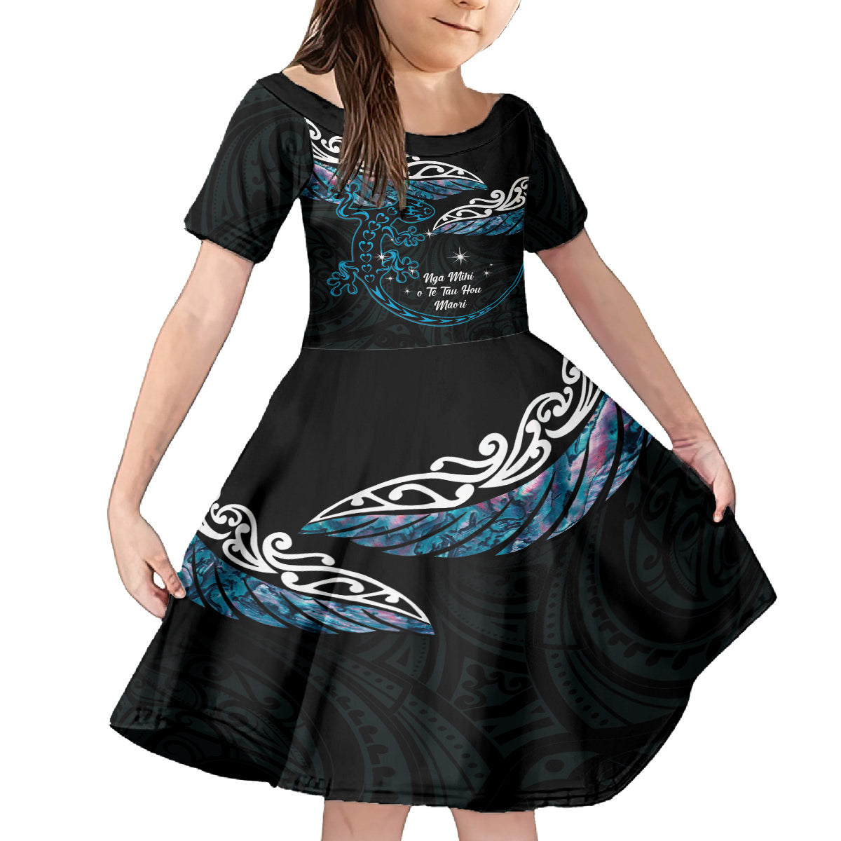 New Zealand Matariki Family Matching Long Sleeve Bodycon Dress and Hawaiian Shirt Maori New Year Silver Fern And Lizard - Turquosie LT14 Daughter's Dress Turquoise - Polynesian Pride