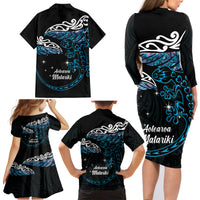New Zealand Matariki Family Matching Long Sleeve Bodycon Dress and Hawaiian Shirt Maori New Year Silver Fern And Lizard - Turquosie LT14 - Polynesian Pride