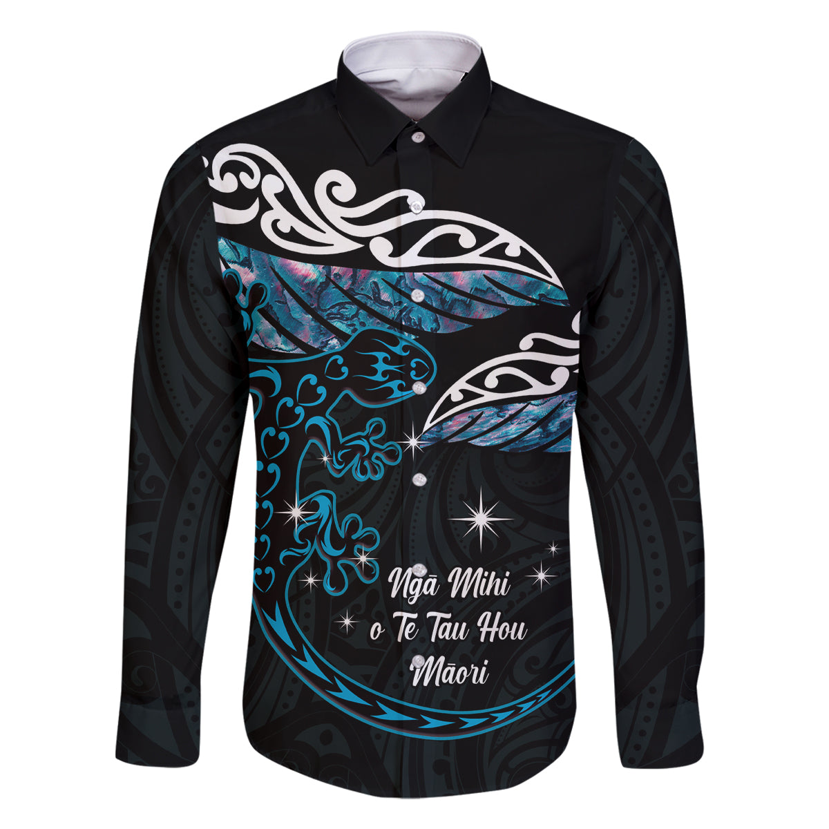 New Zealand Matariki Family Matching Long Sleeve Bodycon Dress and Hawaiian Shirt Maori New Year Silver Fern And Lizard - Turquosie LT14 Dad's Shirt - Long Sleeve Turquoise - Polynesian Pride