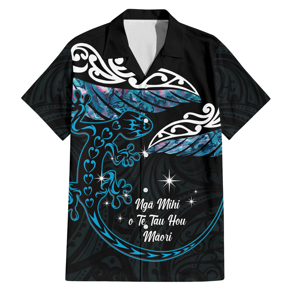 New Zealand Matariki Family Matching Mermaid Dress and Hawaiian Shirt Maori New Year Silver Fern And Lizard - Turquosie LT14 Dad's Shirt - Short Sleeve Turquoise - Polynesian Pride