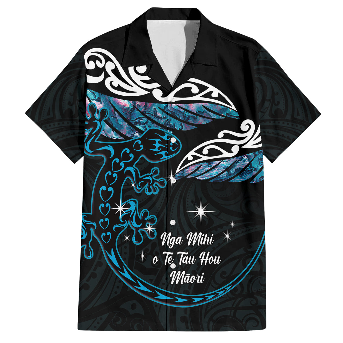 New Zealand Matariki Family Matching Off The Shoulder Long Sleeve Dress and Hawaiian Shirt Maori New Year Silver Fern And Lizard - Turquosie LT14 Dad's Shirt - Short Sleeve Turquoise - Polynesian Pride