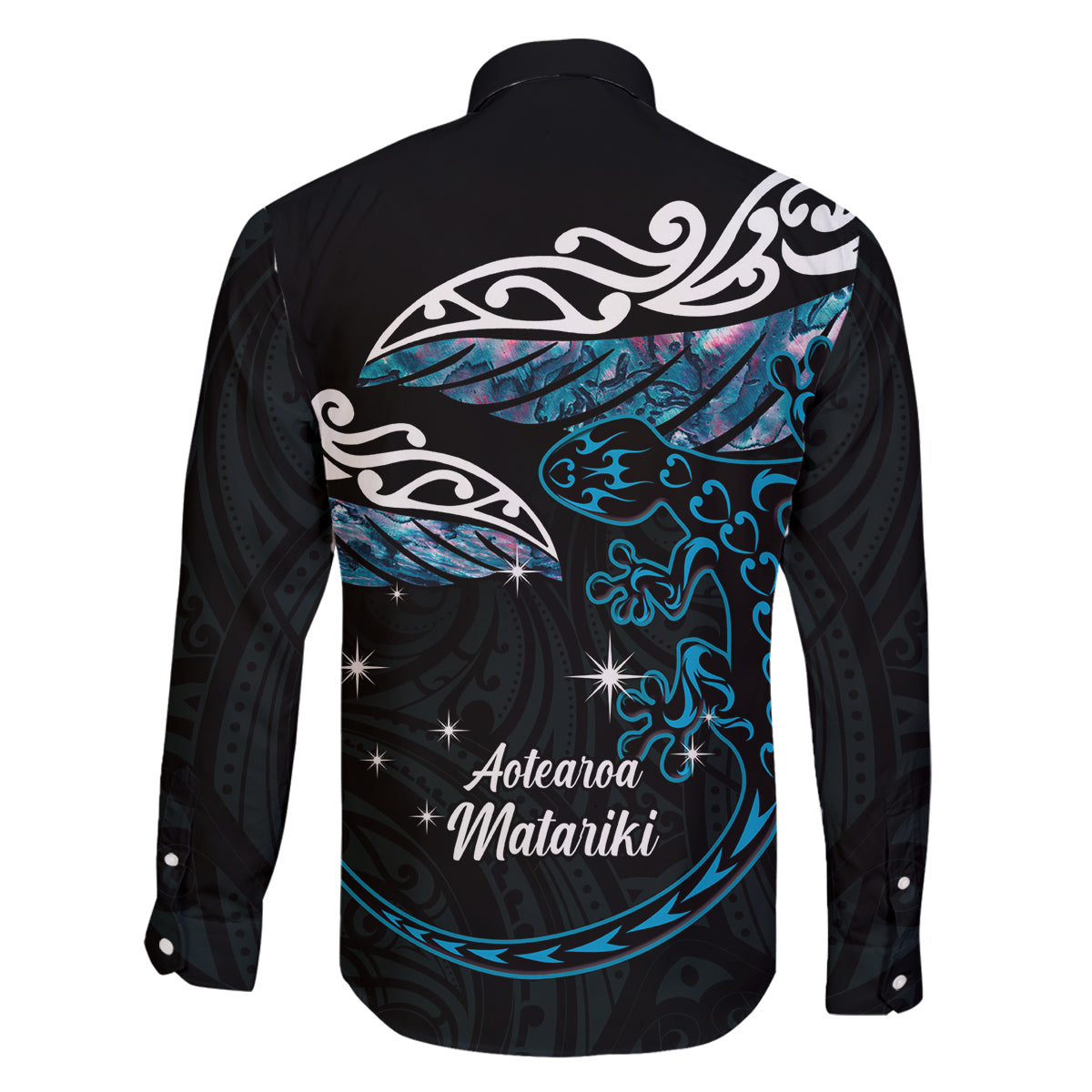 New Zealand Matariki Family Matching Off The Shoulder Long Sleeve Dress and Hawaiian Shirt Maori New Year Silver Fern And Lizard - Turquosie LT14 - Polynesian Pride