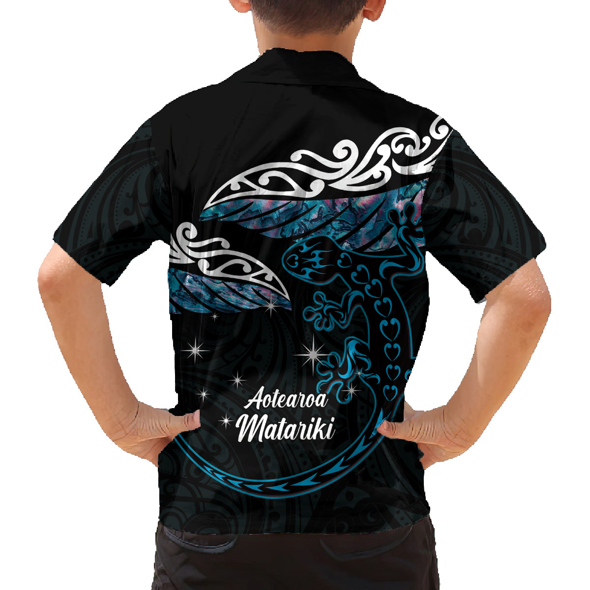 New Zealand Matariki Family Matching Off Shoulder Maxi Dress and Hawaiian Shirt Maori New Year Silver Fern And Lizard - Turquosie LT14 - Polynesian Pride
