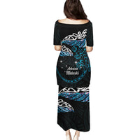 New Zealand Matariki Family Matching Puletasi and Hawaiian Shirt Maori New Year Silver Fern And Lizard - Turquosie LT14 - Polynesian Pride