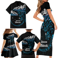 New Zealand Matariki Family Matching Short Sleeve Bodycon Dress and Hawaiian Shirt Maori New Year Silver Fern And Lizard - Turquosie LT14 - Polynesian Pride
