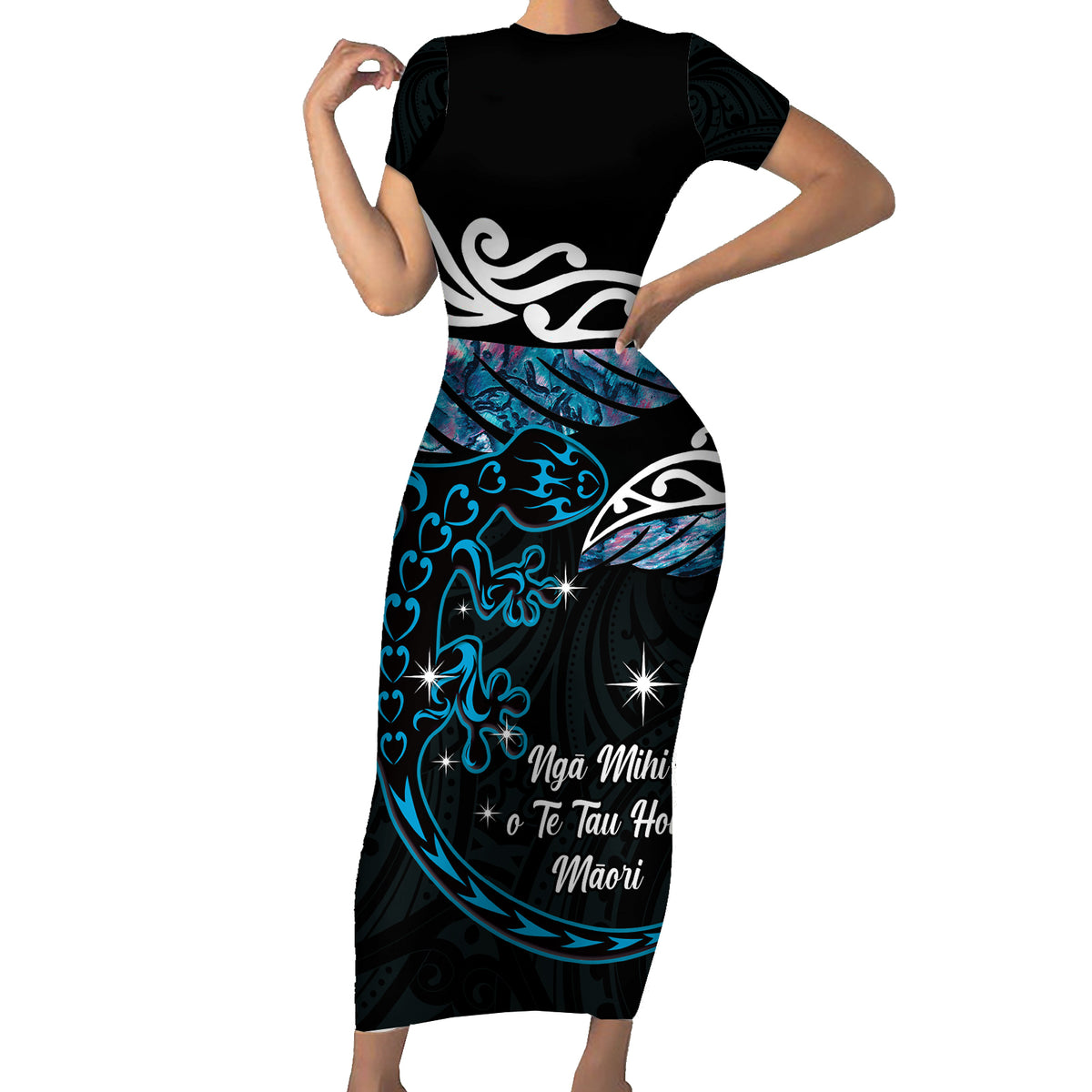 New Zealand Matariki Family Matching Short Sleeve Bodycon Dress and Hawaiian Shirt Maori New Year Silver Fern And Lizard - Turquosie LT14 Mom's Dress Turquoise - Polynesian Pride