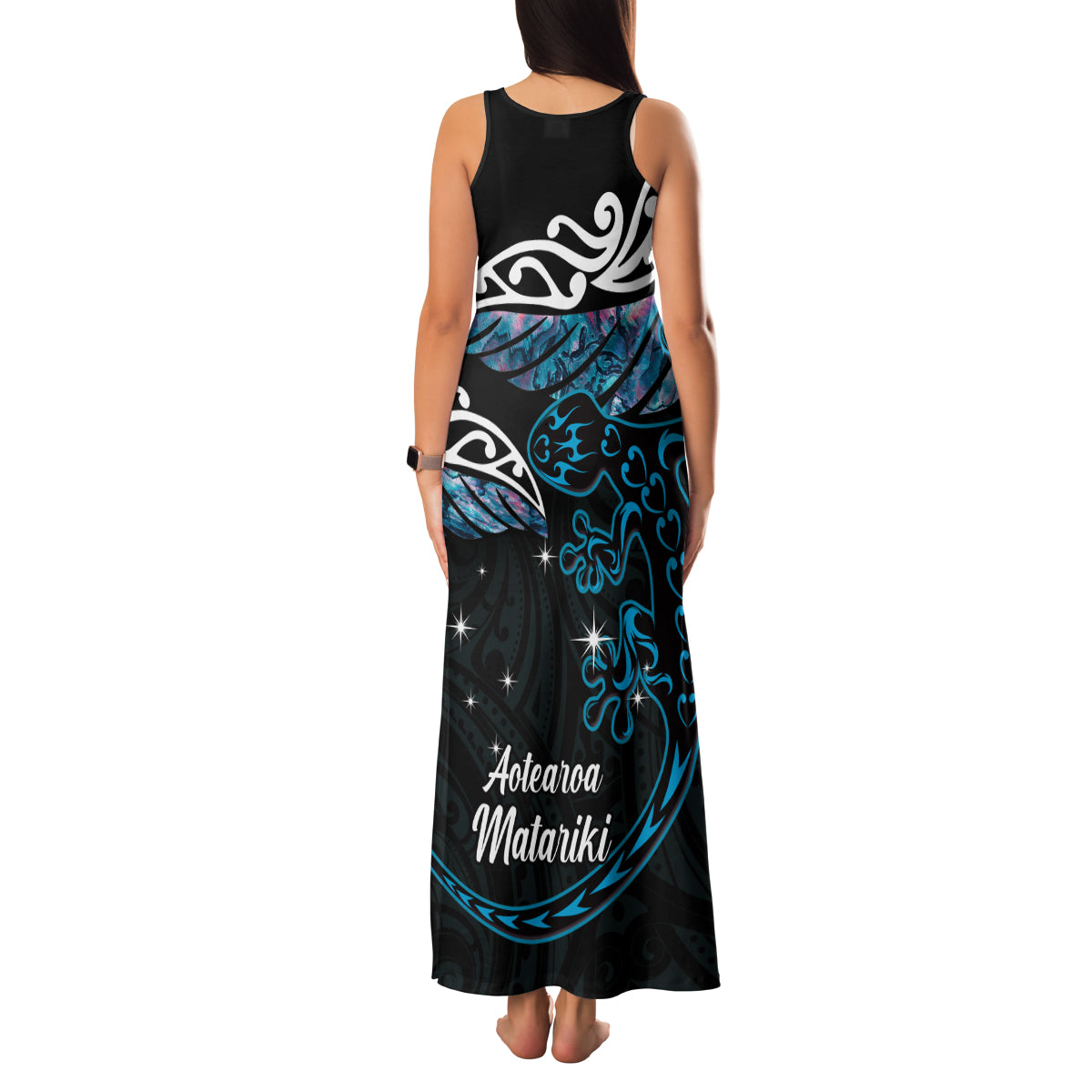 New Zealand Matariki Family Matching Tank Maxi Dress and Hawaiian Shirt Maori New Year Silver Fern And Lizard - Turquosie LT14 - Polynesian Pride