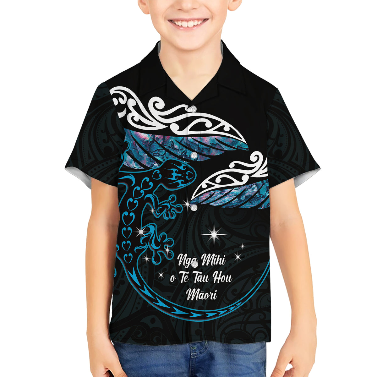 New Zealand Matariki Kid Hawaiian Shirt Maori New Year Silver Fern And Lizard - Turquosie LT14 Kid Turquoise - Polynesian Pride