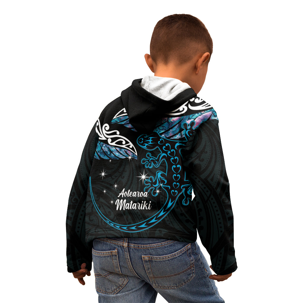 New Zealand Matariki Kid Hoodie Maori New Year Silver Fern And Lizard - Turquosie LT14 - Polynesian Pride