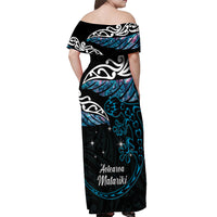 New Zealand Matariki Off Shoulder Maxi Dress Maori New Year Silver Fern And Lizard - Turquosie LT14 - Polynesian Pride