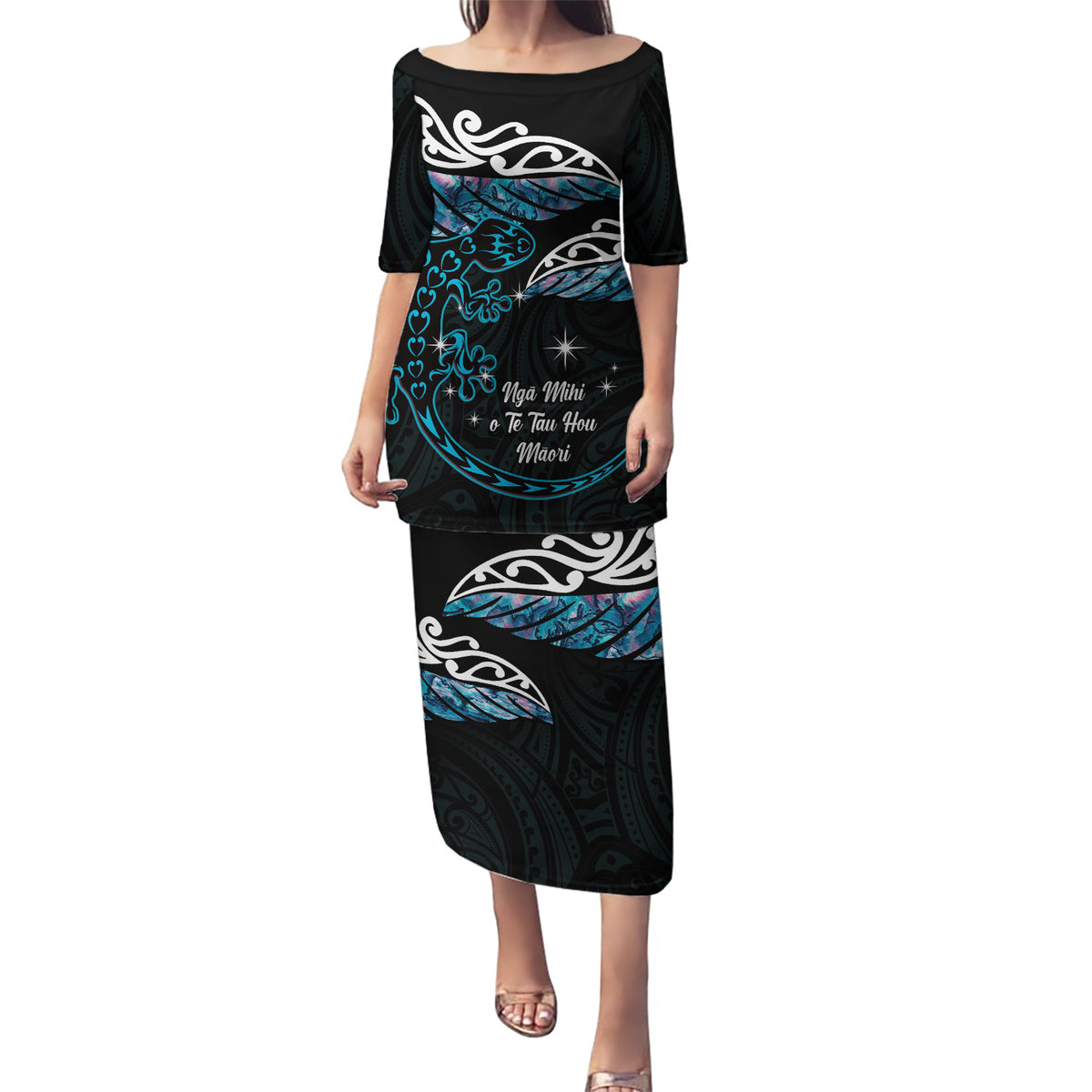 New Zealand Matariki Puletasi Maori New Year Silver Fern And Lizard - Turquosie LT14 Long Dress Turquoise - Polynesian Pride