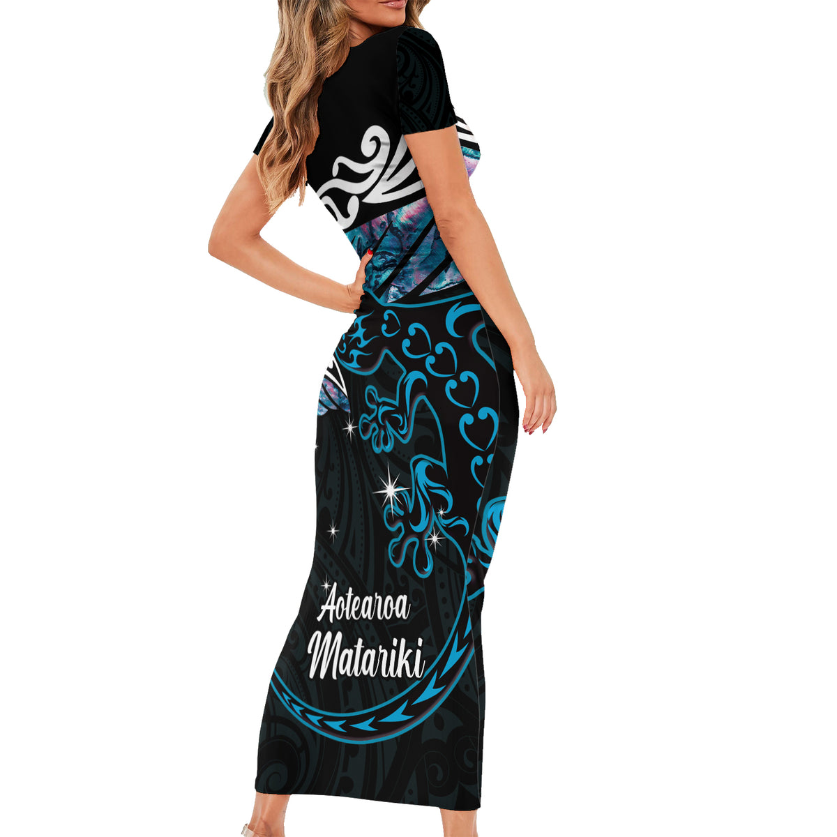 New Zealand Matariki Short Sleeve Bodycon Dress Maori New Year Silver Fern And Lizard - Turquosie LT14 - Polynesian Pride