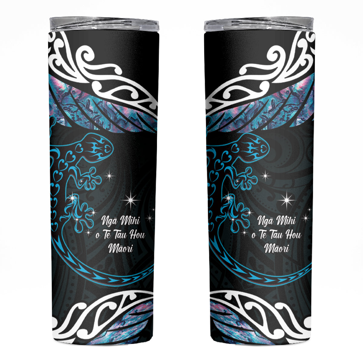 New Zealand Matariki Skinny Tumbler Maori New Year Silver Fern And Lizard - Turquosie LT14 Turquoise - Polynesian Pride