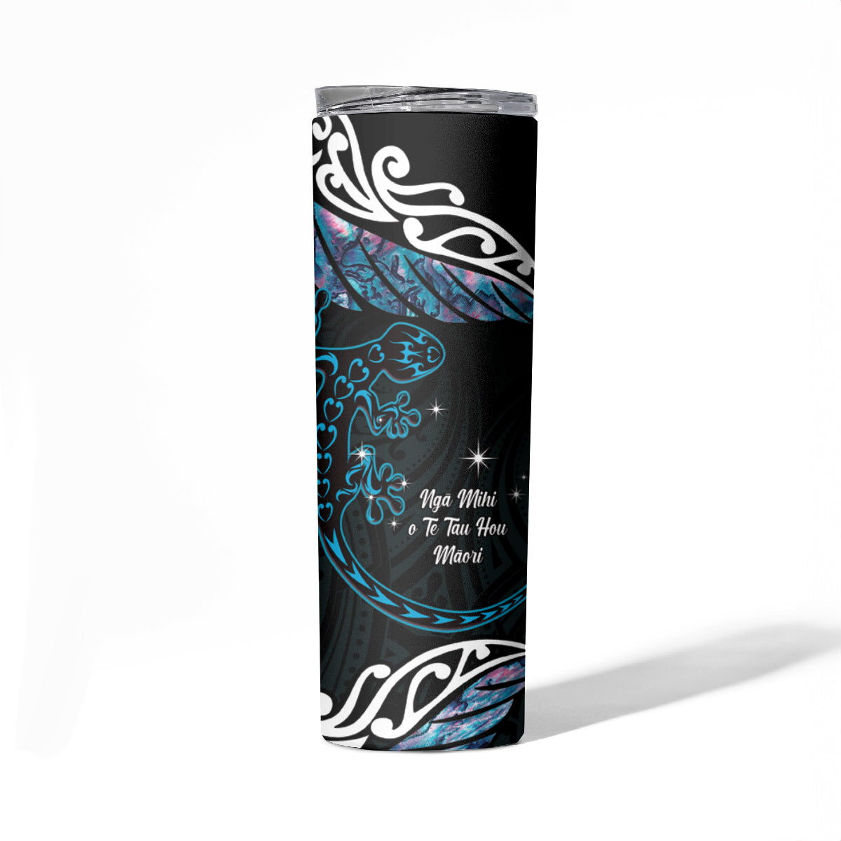New Zealand Matariki Skinny Tumbler Maori New Year Silver Fern And Lizard - Turquosie LT14 - Polynesian Pride