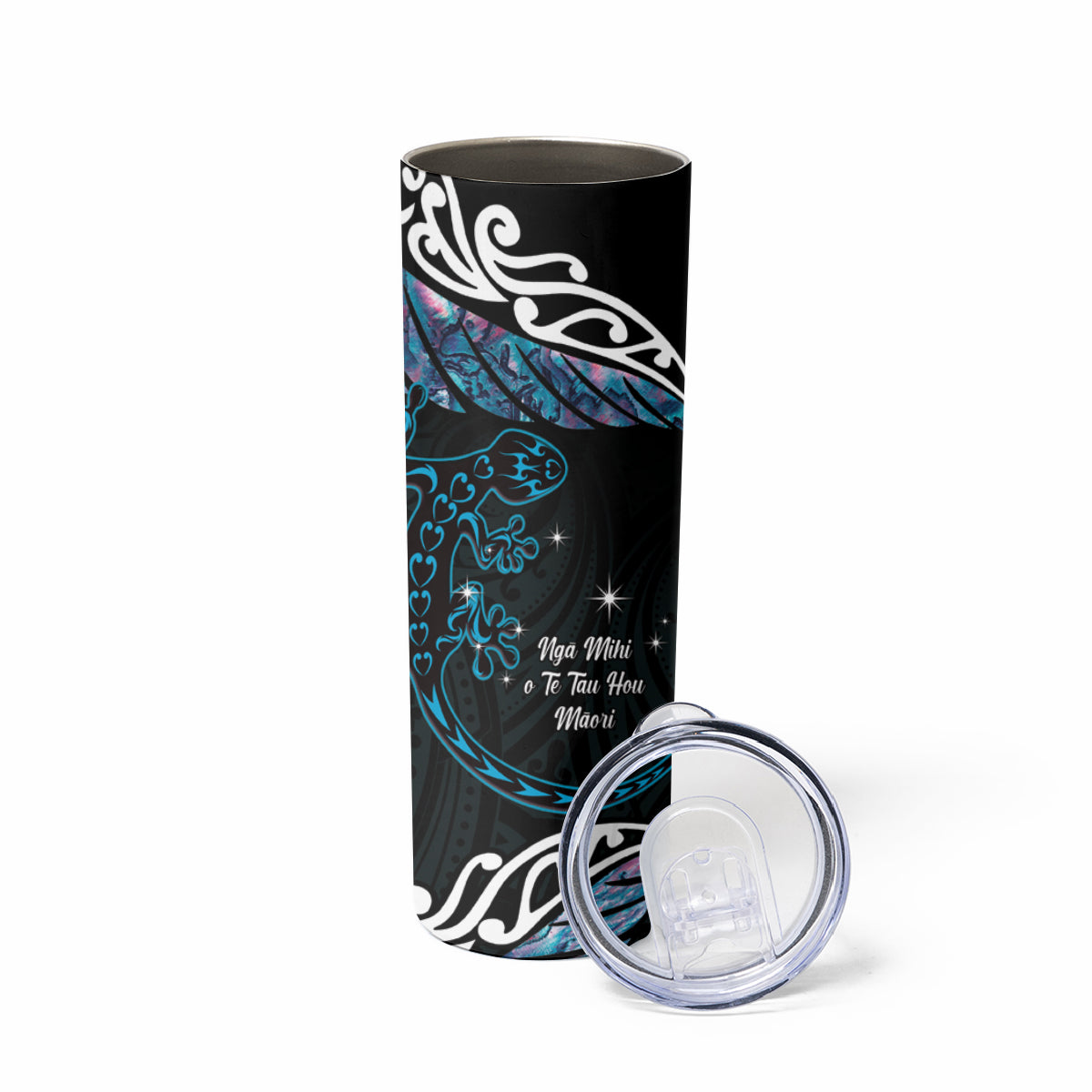 New Zealand Matariki Skinny Tumbler Maori New Year Silver Fern And Lizard - Turquosie LT14 - Polynesian Pride