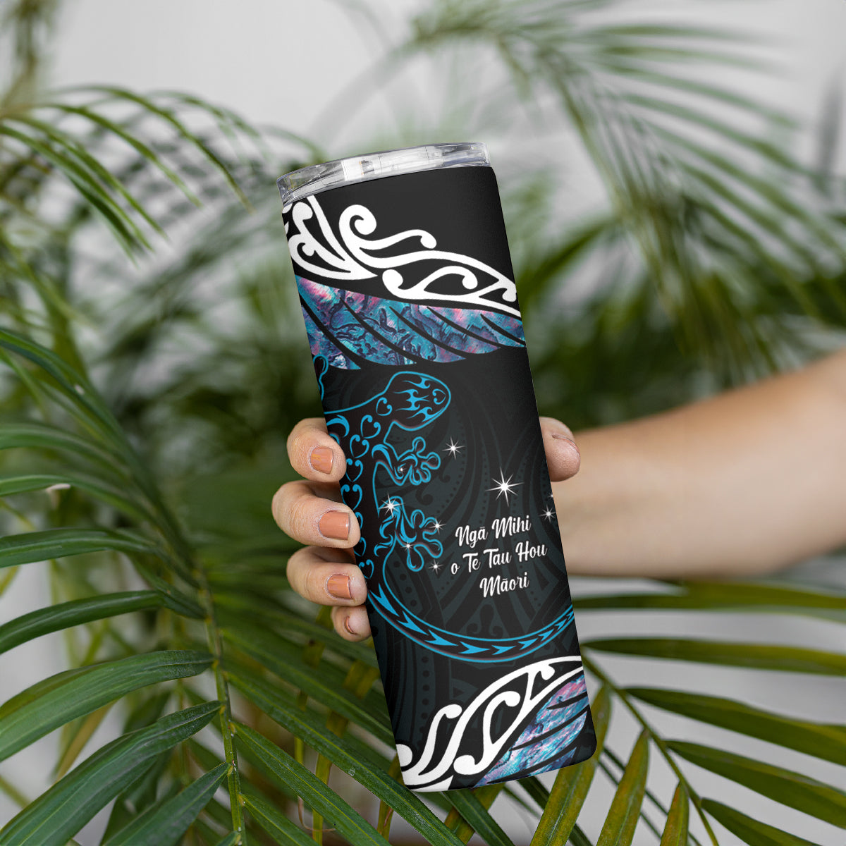 New Zealand Matariki Skinny Tumbler Maori New Year Silver Fern And Lizard - Turquosie LT14 - Polynesian Pride