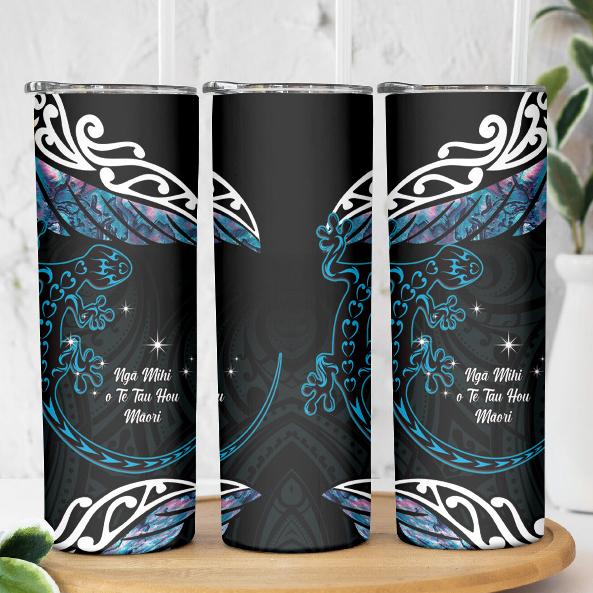 New Zealand Matariki Skinny Tumbler Maori New Year Silver Fern And Lizard - Turquosie LT14 - Polynesian Pride