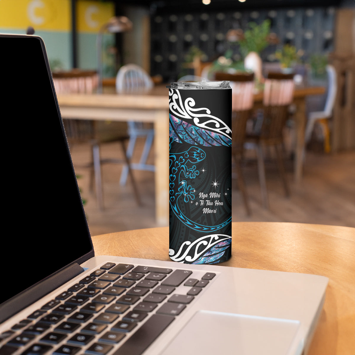 New Zealand Matariki Skinny Tumbler Maori New Year Silver Fern And Lizard - Turquosie LT14 - Polynesian Pride