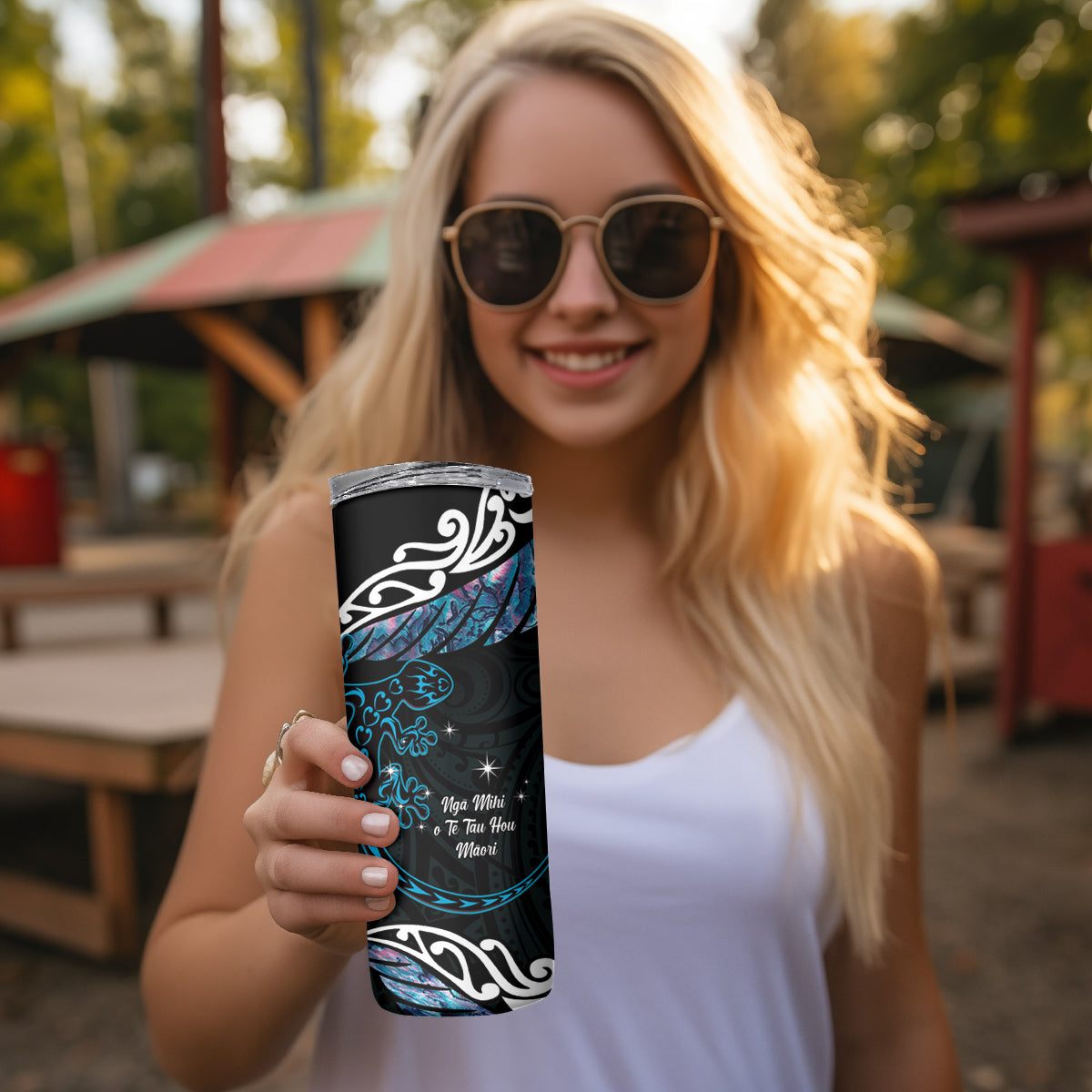 New Zealand Matariki Skinny Tumbler Maori New Year Silver Fern And Lizard - Turquosie LT14 - Polynesian Pride