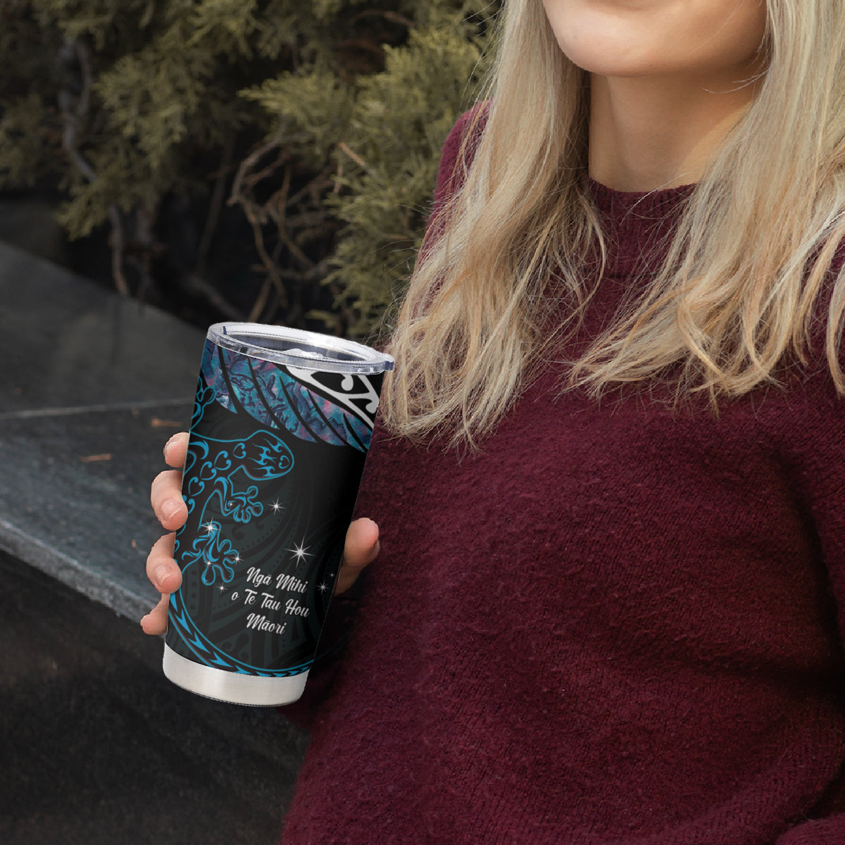 New Zealand Matariki Tumbler Cup Maori New Year Silver Fern And Lizard - Turquosie LT14 - Polynesian Pride