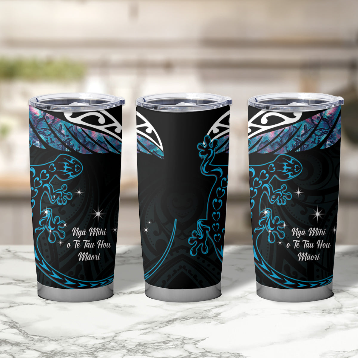 New Zealand Matariki Tumbler Cup Maori New Year Silver Fern And Lizard - Turquosie LT14 - Polynesian Pride