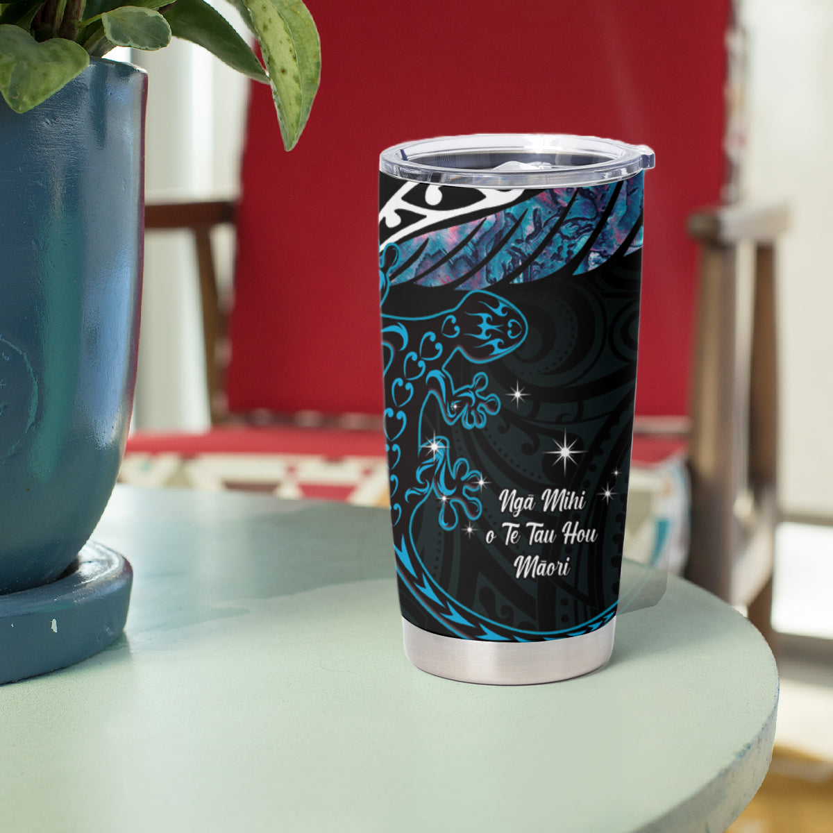 New Zealand Matariki Tumbler Cup Maori New Year Silver Fern And Lizard - Turquosie LT14 - Polynesian Pride