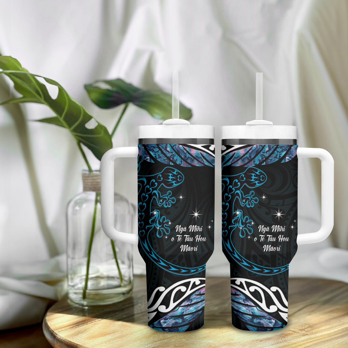 New Zealand Matariki Tumbler With Handle Maori New Year Silver Fern And Lizard - Turquosie LT14 - Polynesian Pride