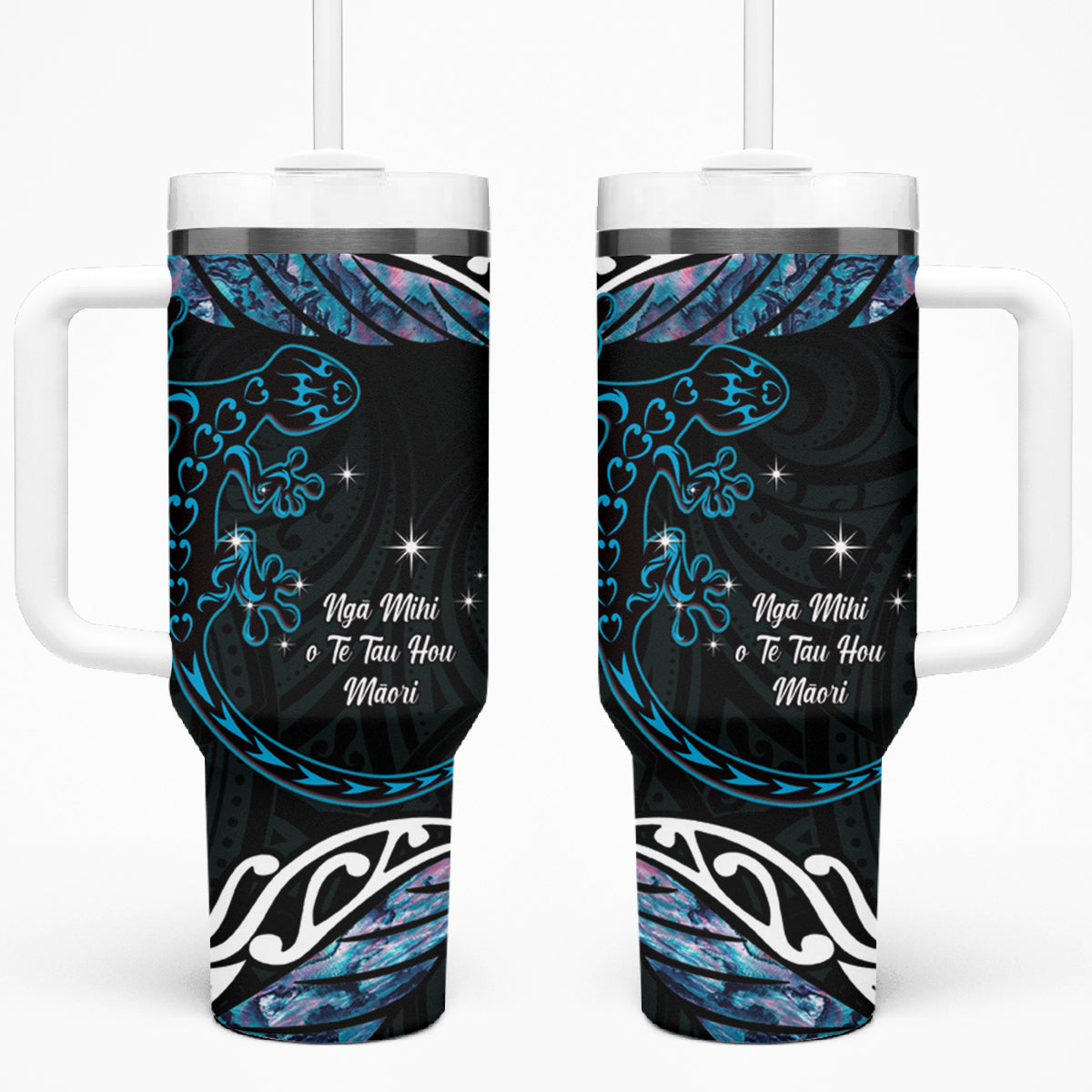 New Zealand Matariki Tumbler With Handle Maori New Year Silver Fern And Lizard - Turquosie LT14 One Size: 40 oz Turquoise - Polynesian Pride