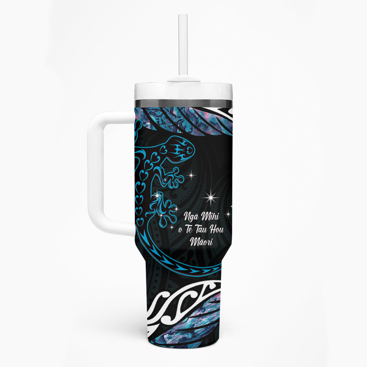 New Zealand Matariki Tumbler With Handle Maori New Year Silver Fern And Lizard - Turquosie LT14 - Polynesian Pride