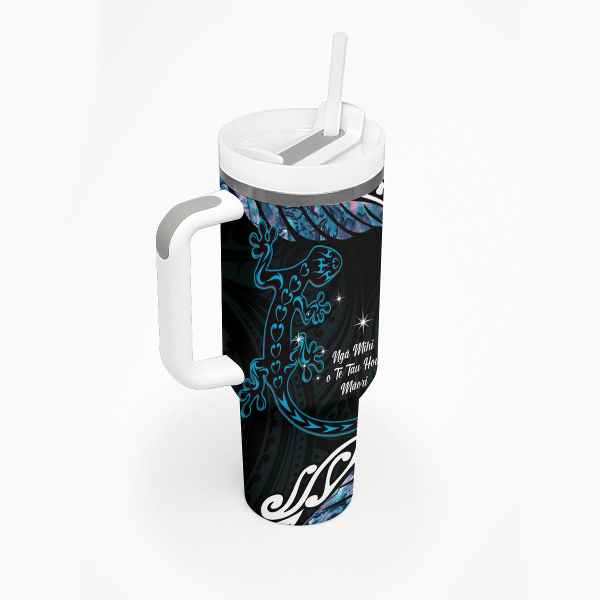 New Zealand Matariki Tumbler With Handle Maori New Year Silver Fern And Lizard - Turquosie LT14 - Polynesian Pride
