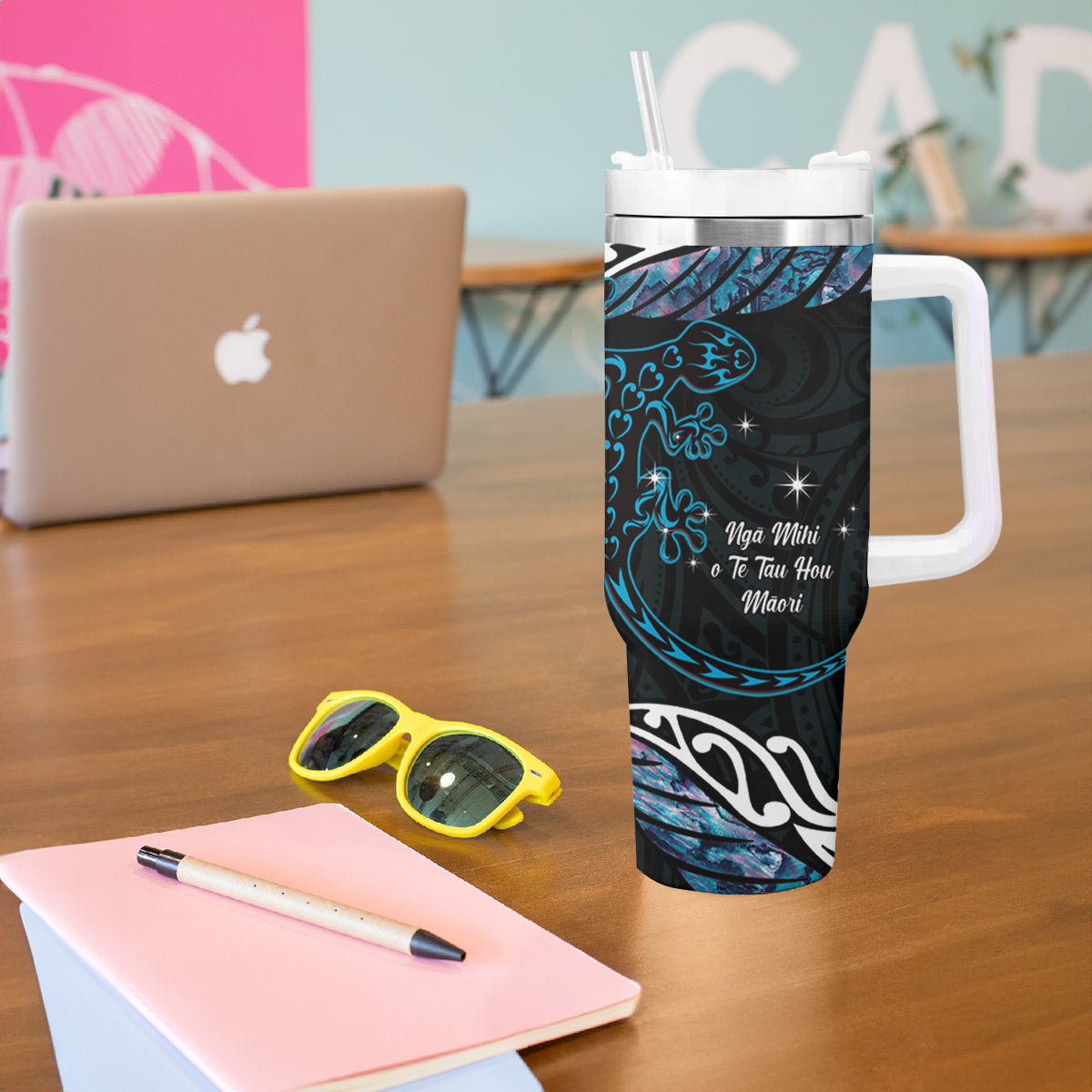 New Zealand Matariki Tumbler With Handle Maori New Year Silver Fern And Lizard - Turquosie LT14 - Polynesian Pride