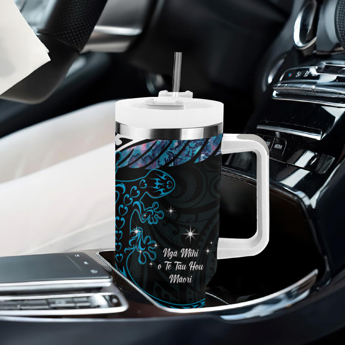 New Zealand Matariki Tumbler With Handle Maori New Year Silver Fern And Lizard - Turquosie LT14 - Polynesian Pride