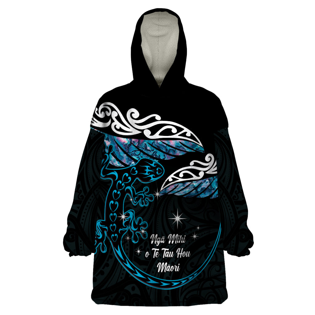 New Zealand Matariki Wearable Blanket Hoodie Maori New Year Silver Fern And Lizard - Turquosie LT14 One Size Turquoise - Polynesian Pride