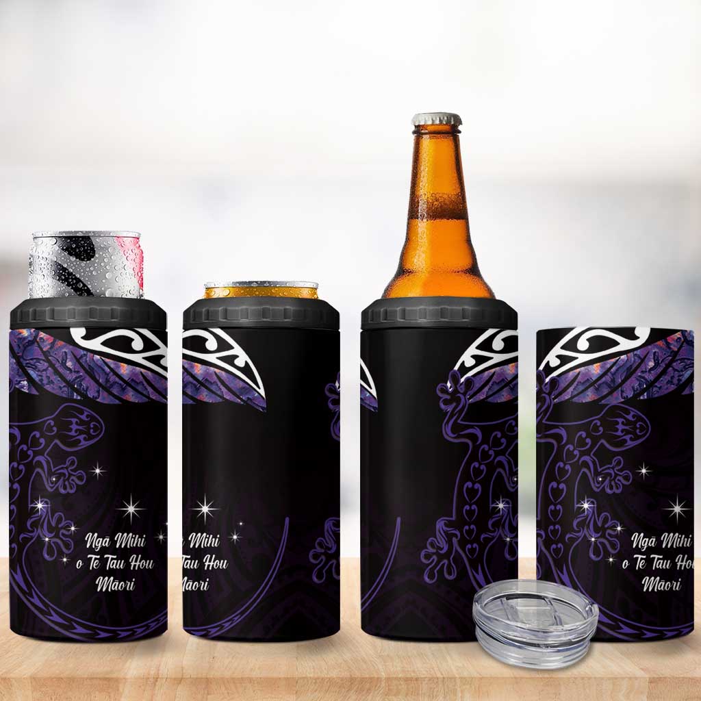 New Zealand Matariki 4 in 1 Can Cooler Tumbler Maori New Year Silver Fern And Lizard - Purple LT14 - Polynesian Pride