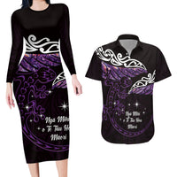 New Zealand Matariki Couples Matching Long Sleeve Bodycon Dress and Hawaiian Shirt Maori New Year Silver Fern And Lizard - Purple LT14 Purple - Polynesian Pride