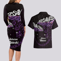 New Zealand Matariki Couples Matching Long Sleeve Bodycon Dress and Hawaiian Shirt Maori New Year Silver Fern And Lizard - Purple LT14 - Polynesian Pride