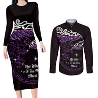 New Zealand Matariki Couples Matching Long Sleeve Bodycon Dress and Long Sleeve Button Shirt Maori New Year Silver Fern And Lizard - Purple LT14 Purple - Polynesian Pride