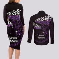 New Zealand Matariki Couples Matching Long Sleeve Bodycon Dress and Long Sleeve Button Shirt Maori New Year Silver Fern And Lizard - Purple LT14 - Polynesian Pride
