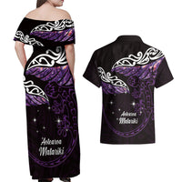 New Zealand Matariki Couples Matching Off Shoulder Maxi Dress and Hawaiian Shirt Maori New Year Silver Fern And Lizard - Purple LT14 - Polynesian Pride